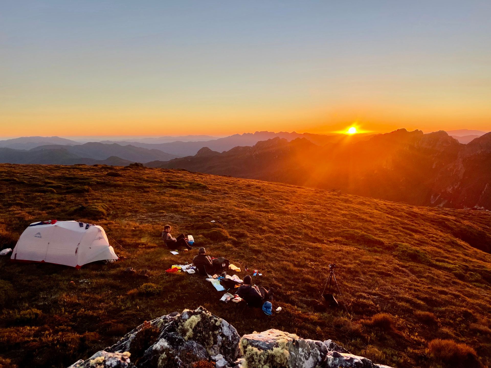 Ultralight tent pitched on a Tasmanian alpine moor at sunset, hikers gathered on the button grass